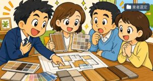 リフォーム会社の営業担当とデザイナーが夫婦に間取り図と床材・タイルのサンプルを提案している漫画風イラスト