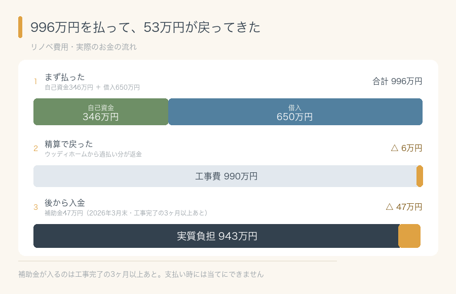 リノベ費用の実際の流れ。自己資金346万円と借入650万円で996万円を支払い、精算6万円と補助金47万円が戻り実質負担943万円