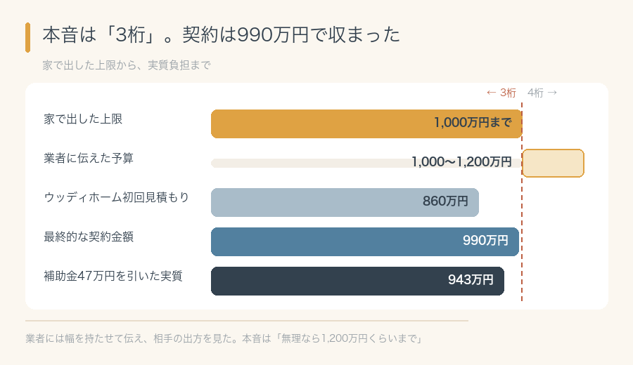 家で出した上限1,000万円、業者に伝えた1,000〜1,200万円、契約990万円、実質943万円